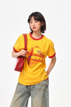 Color-Block Round Neck T-Shirt for Women - American Retro Style, Boxy Fit, Trendy Print, Ginger Yellow Short Sleeves