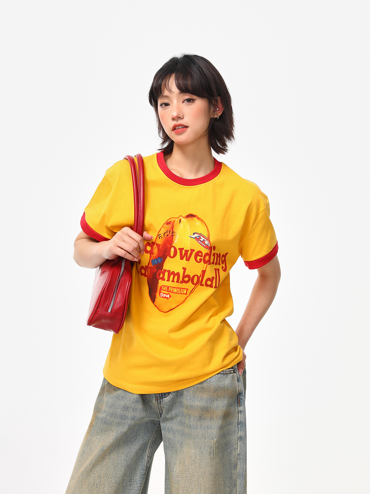 Color-Block Round Neck T-Shirt for Women - American Retro Style, Boxy Fit, Trendy Print, Ginger Yellow Short Sleeves Color-Block Round Neck T-Shirt for Women - American Retro Style, Boxy Fit, Trendy Print, Ginger Yellow Short Sleeves