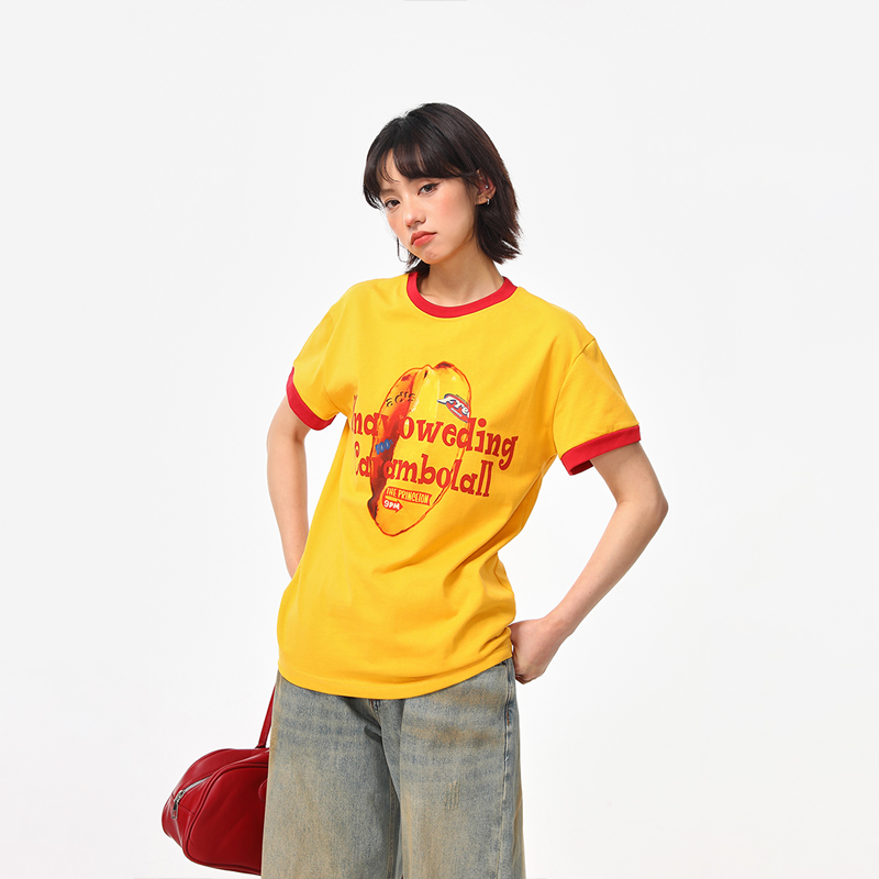 Color-Block Round Neck T-Shirt for Women - American Retro Style, Boxy Fit, Trendy Print, Ginger Yellow Short Sleeves Color-Block Round Neck T-Shirt for Women - American Retro Style, Boxy Fit, Trendy Print, Ginger Yellow Short Sleeves