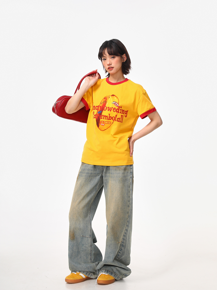 Color-Block Round Neck T-Shirt for Women - American Retro Style, Boxy Fit, Trendy Print, Ginger Yellow Short Sleeves Color-Block Round Neck T-Shirt for Women - American Retro Style, Boxy Fit, Trendy Print, Ginger Yellow Short Sleeves