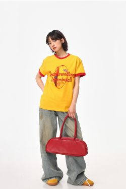 Color-Block Round Neck T-Shirt for Women - American Retro Style, Boxy Fit, Trendy Print, Ginger Yellow Short Sleeves