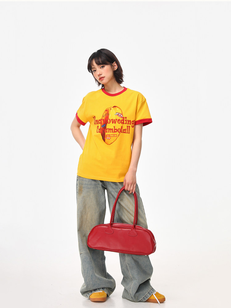 Color-Block Round Neck T-Shirt for Women - American Retro Style, Boxy Fit, Trendy Print, Ginger Yellow Short Sleeves Color-Block Round Neck T-Shirt for Women - American Retro Style, Boxy Fit, Trendy Print, Ginger Yellow Short Sleeves