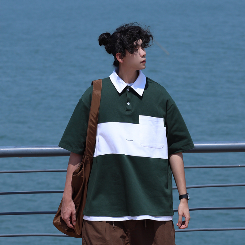 Color-Block Short Sleeve Polo Shirt for Men, Versatile Japanese Style T-Shirt, Summer Fashion, Casual 90s Inspired Top Color-Block Short Sleeve Polo Shirt for Men, Versatile Japanese Style T-Shirt, Summer Fashion, Casual 90s Inspired Top