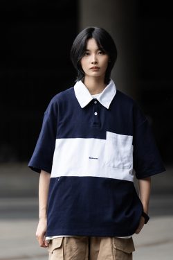 Color-Block Short Sleeve Polo Shirt for Men, Versatile Japanese Style T-Shirt, Summer Fashion, Casual 90s Inspired Top