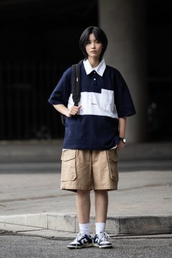 Color-Block Short Sleeve Polo Shirt for Men, Versatile Japanese Style T-Shirt, Summer Fashion, Casual 90s Inspired Top