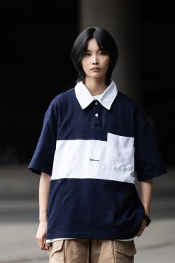 Color-Block Short Sleeve Polo Shirt for Men, Versatile Japanese Style T-Shirt, Summer Fashion, Casual 90s Inspired Top