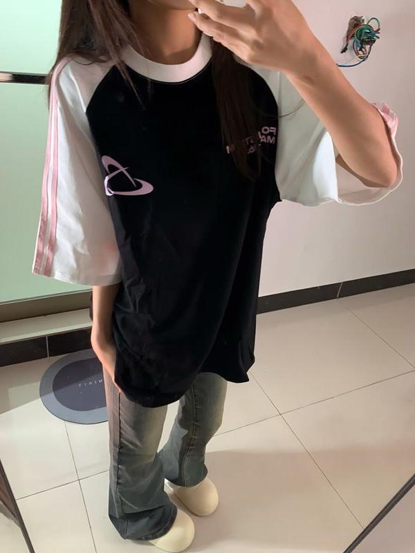 Color-Block Short Sleeve T-Shirt for Girls - Three-Stripe Raglan Design, Summer Fashion for Middle and High School Students Color-Block Short Sleeve T-Shirt for Girls - Three-Stripe Raglan Design, Summer Fashion for Middle and High School Students