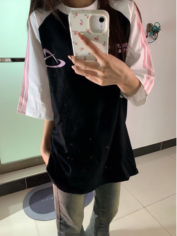 Color-Block Short Sleeve T-Shirt for Girls - Three-Stripe Raglan Design, Summer Fashion for Middle and High School Students Color-Block Short Sleeve T-Shirt for Girls - Three-Stripe Raglan Design, Summer Fashion for Middle and High School Students