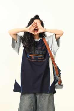 Color Block Short Sleeve T-Shirt for Men and Women - Vintage American Style Loose Couple Top for Summer