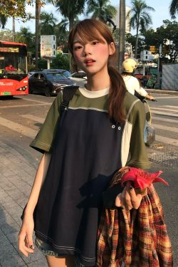 Color-Block Splicing Heavyweight Raglan T-Shirt for Women - American Retro Summer Loose Casual Top