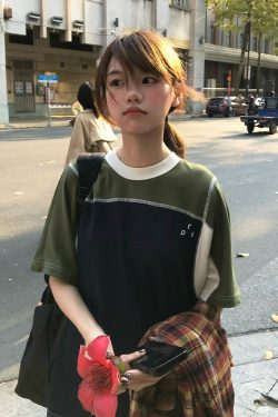 Color-Block Splicing Heavyweight Raglan T-Shirt for Women - American Retro Summer Loose Casual Top