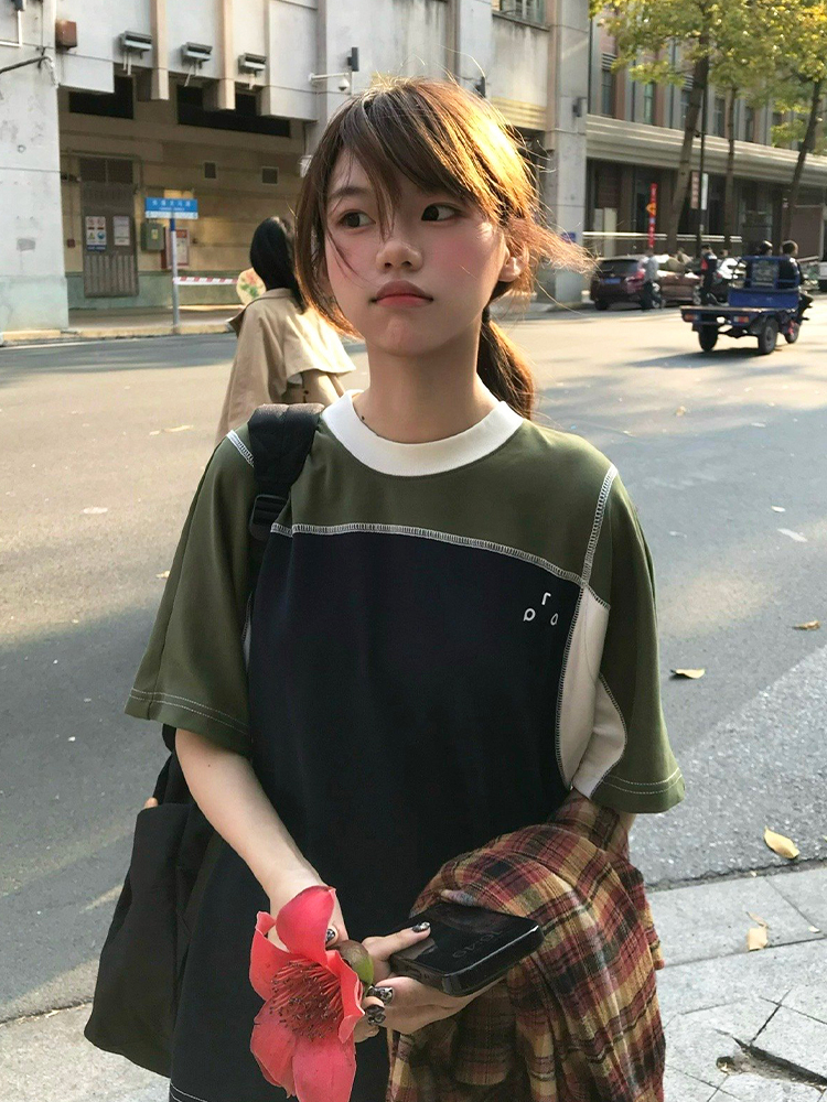 Color-Block Splicing Heavyweight Raglan T-Shirt for Women - American Retro Summer Loose Casual Top Color-Block Splicing Heavyweight Raglan T-Shirt for Women - American Retro Summer Loose Casual Top