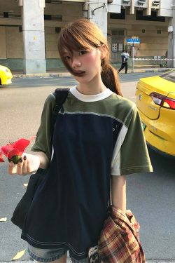 Color-Block Splicing Heavyweight Raglan T-Shirt for Women - American Retro Summer Loose Casual Top