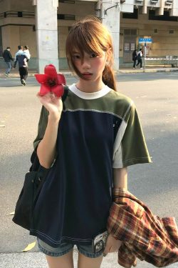 Color-Block Splicing Heavyweight Raglan T-Shirt for Women - American Retro Summer Loose Casual Top