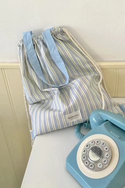 Color-Block Striped Canvas Shoulder Tote Bag - Stylish Drawstring Backpack for Commuting and Everyday Use