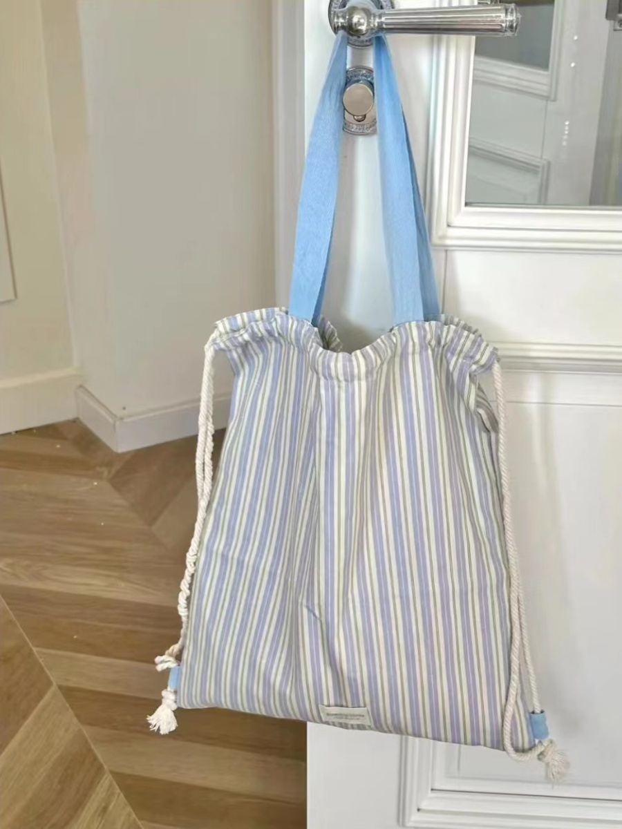 Color-Block Striped Canvas Shoulder Tote Bag - Stylish Drawstring Backpack for Commuting and Everyday Use Color-Block Striped Canvas Shoulder Tote Bag - Stylish Drawstring Backpack for Commuting and Everyday Use