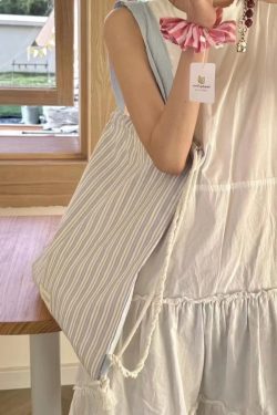 Color-Block Striped Canvas Shoulder Tote Bag - Stylish Drawstring Backpack for Commuting and Everyday Use