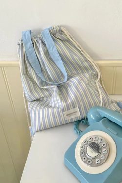 Color-Block Striped Canvas Shoulder Tote Bag - Stylish Drawstring Backpack for Commuting and Everyday Use