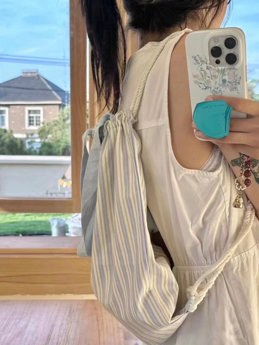 Color-Block Striped Canvas Shoulder Tote Bag - Stylish Drawstring Backpack for Commuting and Everyday Use Color-Block Striped Canvas Shoulder Tote Bag - Stylish Drawstring Backpack for Commuting and Everyday Use