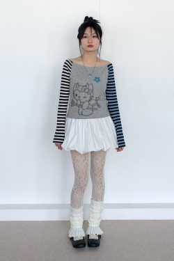 Color-Block Striped Long Sleeve Top with One-Word Collar - Lightweight Summer Fashion for Cool Girls
