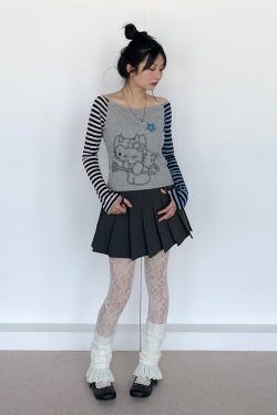 Color-Block Striped Long Sleeve Top with One-Word Collar - Lightweight Summer Fashion for Cool Girls
