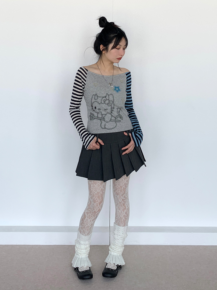 Color-Block Striped Long Sleeve Top with One-Word Collar - Lightweight Summer Fashion for Cool Girls Color-Block Striped Long Sleeve Top with One-Word Collar - Lightweight Summer Fashion for Cool Girls