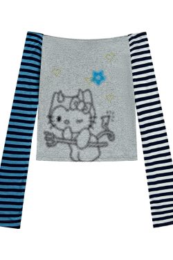 Color-Block Striped Long Sleeve Top with One-Word Collar - Lightweight Summer Fashion for Cool Girls