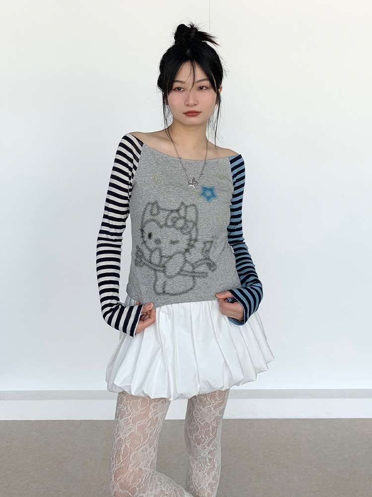 Color-Block Striped Long Sleeve Top with One-Word Collar - Lightweight Summer Fashion for Cool Girls Color-Block Striped Long Sleeve Top with One-Word Collar - Lightweight Summer Fashion for Cool Girls