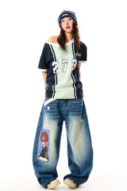 Color-Block V-Neck Short-Sleeve T-Shirt for Women - American-Style Letter Print, Summer Casual Loose Sports Top