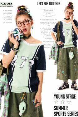 Color-Block V-Neck Short-Sleeve T-Shirt for Women - American-Style Letter Print, Summer Casual Loose Sports Top