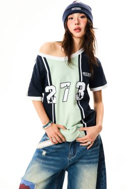 Color-Block V-Neck Short-Sleeve T-Shirt for Women - American-Style Letter Print, Summer Casual Loose Sports Top