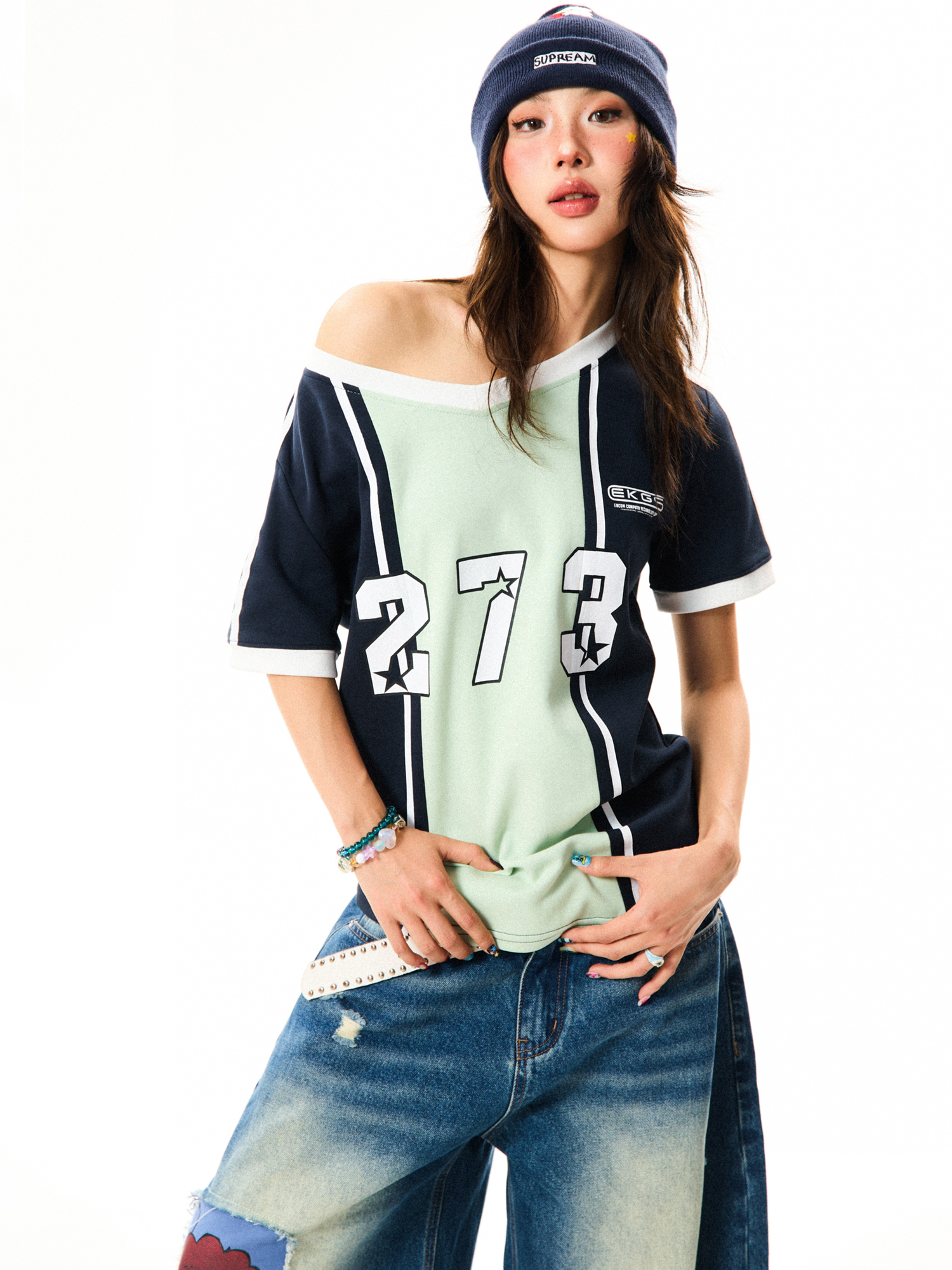 Color-Block V-Neck Short-Sleeve T-Shirt for Women - American-Style Letter Print, Summer Casual Loose Sports Top Color-Block V-Neck Short-Sleeve T-Shirt for Women - American-Style Letter Print, Summer Casual Loose Sports Top