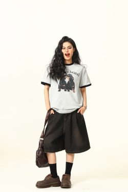 Color-Blocked American Retro Short Sleeve T-Shirt for Women - Trendy Summer Top for Small Dogs - Casual Fashion