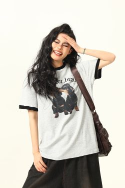 Color-Blocked American Retro Short Sleeve T-Shirt for Women - Trendy Summer Top for Small Dogs - Casual Fashion