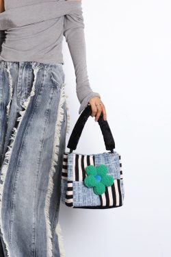 Color-Blocked Floral Handbag - Patchwork Denim Tote Bag, Large Capacity Crossbody Bucket Bag for Autumn/Winter Fashion