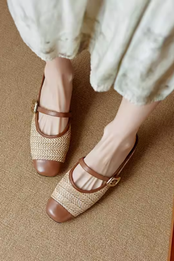 Color-Blocked Genuine Leather and Straw Woven Half-Drag Sandals for Women - Casual Height-Increasing Summer Fashion Footwear
