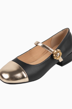 Color-Blocked Genuine Leather Mary Jane Shoes for Women - Mid-Heel Chunky Flats for Spring & Summer Fashion