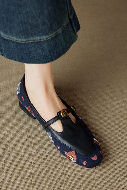 Color-Blocked Genuine Leather Round Toe Camellia Loafers for Women - Single Strap Low Chunky Heel Flats
