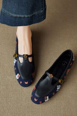 Color-Blocked Genuine Leather Round Toe Camellia Loafers for Women - Single Strap Low Chunky Heel Flats