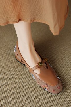 Color-Blocked Genuine Leather Round Toe Camellia Loafers for Women - Single Strap Low Chunky Heel Flats