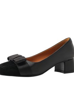 Color-Blocked High Heels for Women - Vintage Mid-Heel with Chunky Heel and Bowknot - Spring Autumn Style