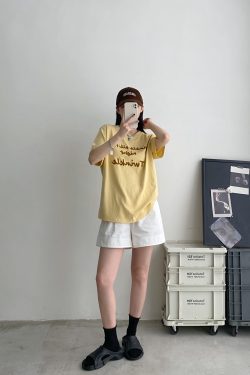 Color-Blocked Letter Embroidery Round Neck Short Sleeve T-Shirt for Women - Summer Loose Fit Slimming Korean Style Top