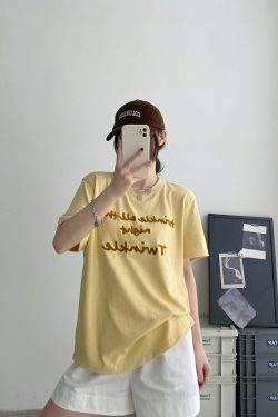 Color-Blocked Letter Embroidery Round Neck Short Sleeve T-Shirt for Women - Summer Loose Fit Slimming Korean Style Top