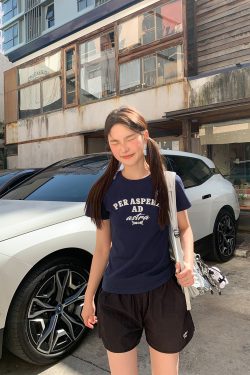 Color-Blocked Letter Printed Slim Fit Short Sleeve T-Shirt for Women - Casual Summer 2025 Round Neck Top, Trendy Everyday Wear