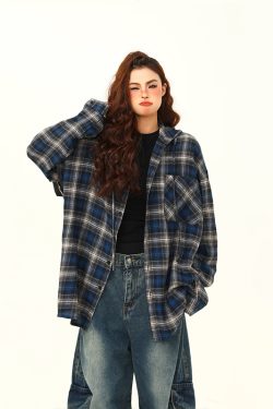 Color-Blocked Plaid Hooded Long Sleeve Shirt for Women - Retro 90s Street Style Loose Fit Trendy Top