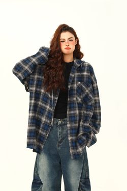 Color-Blocked Plaid Hooded Long Sleeve Shirt for Women - Retro 90s Street Style Loose Fit Trendy Top