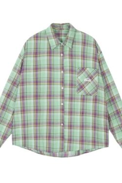 Color-Blocked Plaid Long Sleeve Shirt Jacket for Men and Women - Retro Loose-Fit, Versatile Spring Autumn Top with Pockets