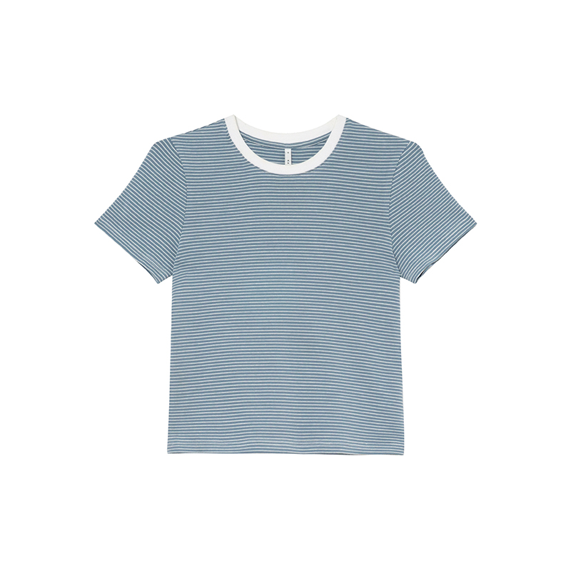 Color-Blocked Round Neck Striped T-Shirt for Women - Summer Casual Short Sleeve Top, Elegant Pure Cotton Blouse, Age-Reducing Style Color-Blocked Round Neck Striped T-Shirt for Women - Summer Casual Short Sleeve Top, Elegant Pure Cotton Blouse, Age-Reducing Style