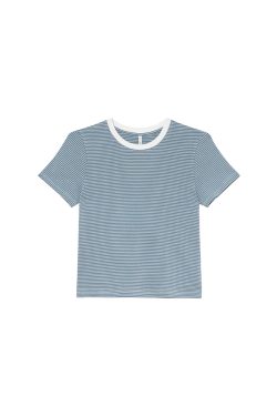 Color-Blocked Round Neck Striped T-Shirt for Women - Summer Casual Short Sleeve Top, Elegant Pure Cotton Blouse, Age-Reducing Style