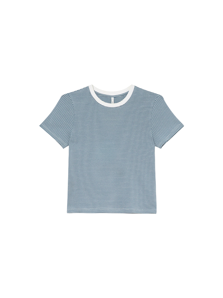 Color-Blocked Round Neck Striped T-Shirt for Women - Summer Casual Short Sleeve Top, Elegant Pure Cotton Blouse, Age-Reducing Style Color-Blocked Round Neck Striped T-Shirt for Women - Summer Casual Short Sleeve Top, Elegant Pure Cotton Blouse, Age-Reducing Style